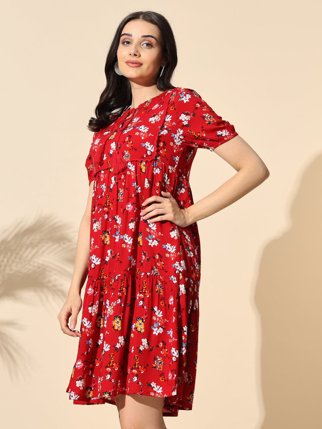 Printed Viscose Tunic With Tassel and Cotton Lace- #TU012-Red