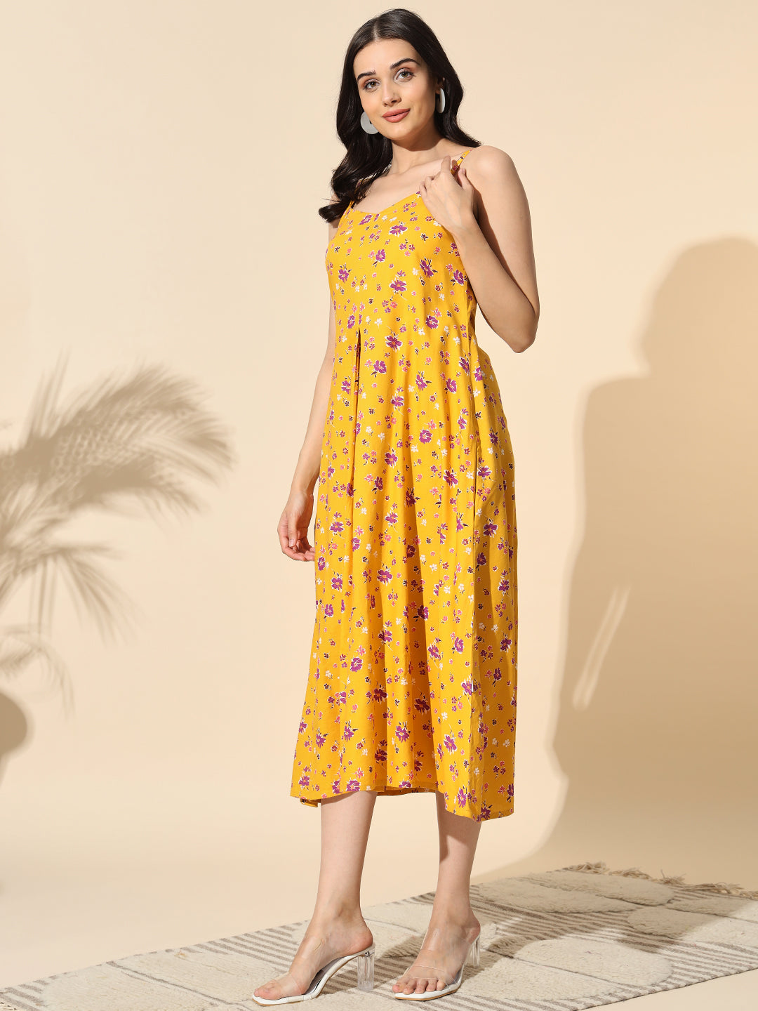 Yellow Floral Print Strap Dress- #DR004