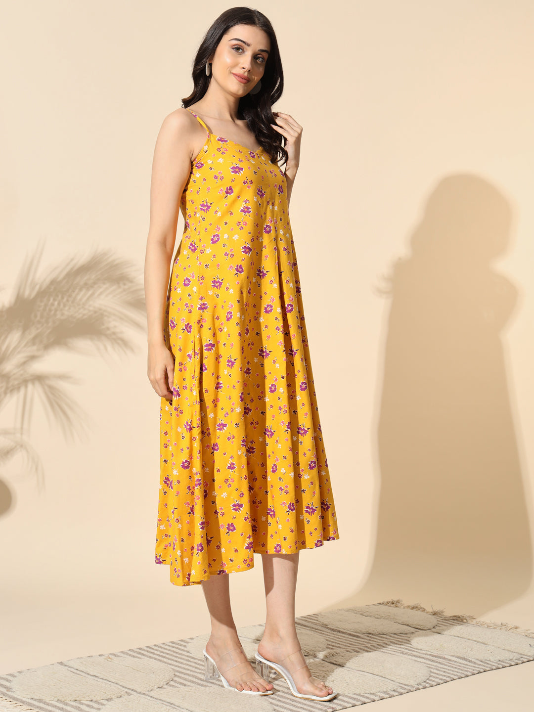 Yellow Floral Print Strap Dress- #DR004