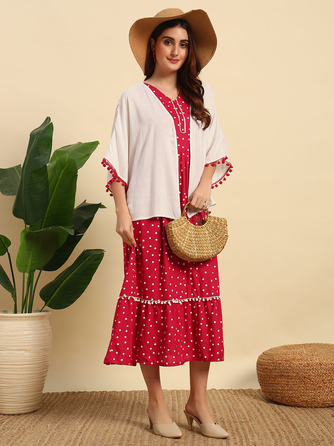 Polka Dot Tiered Dress with Pom-Pom lace And White Viscose Dobby Pom-P Vastra Home Polka Dot Tiered Dress with Pom-Pom lace And White Viscose Dobby Pom-P Vastra Home
