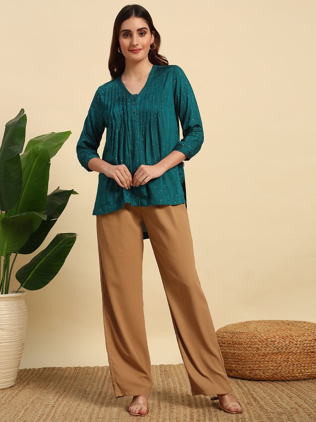 Emerald Dot Print High-Low Kurta with Pin tuck Details-SK053
