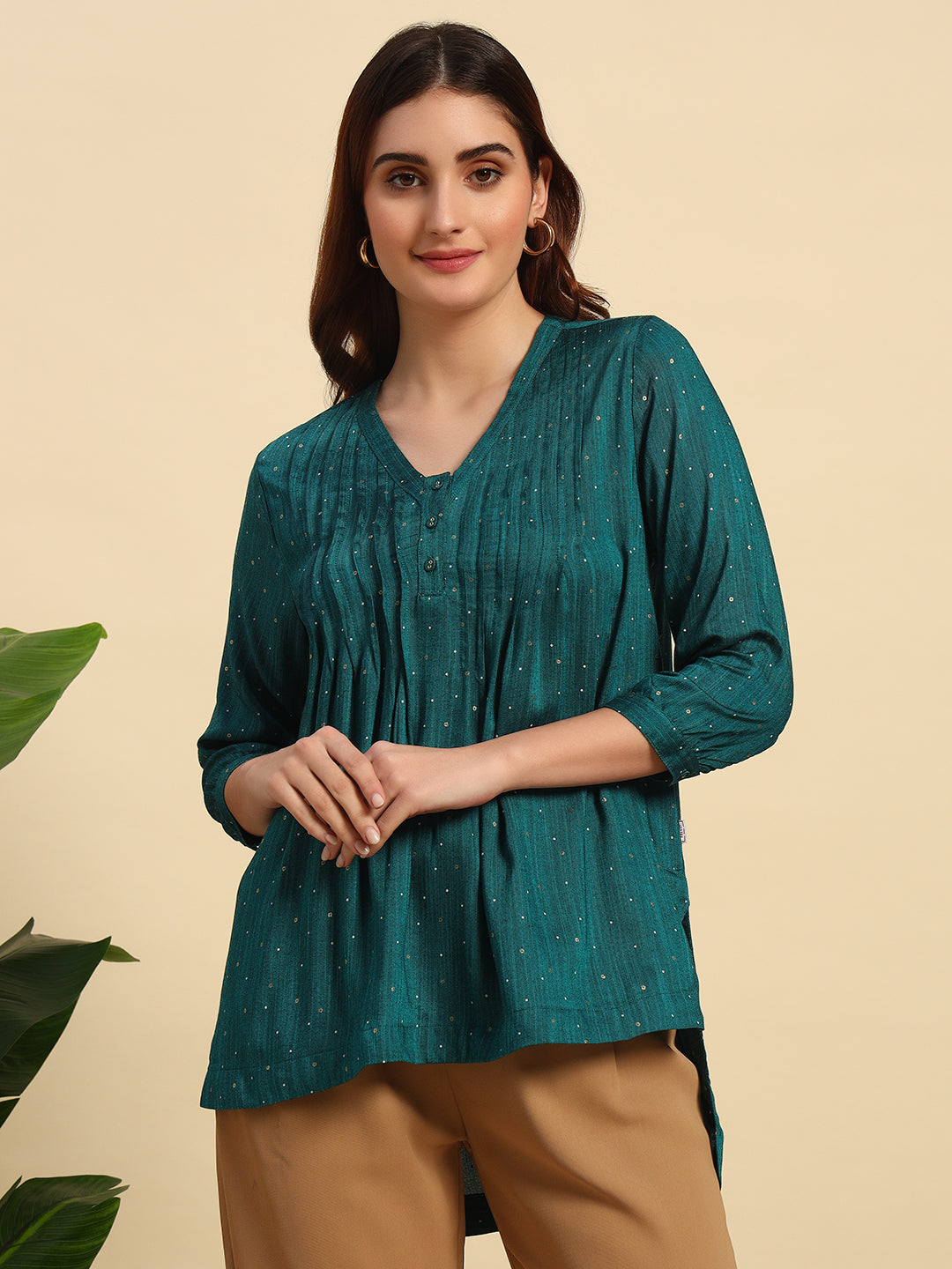 Emerald Dot Print High-Low Kurta with Pin tuck Details-SK053