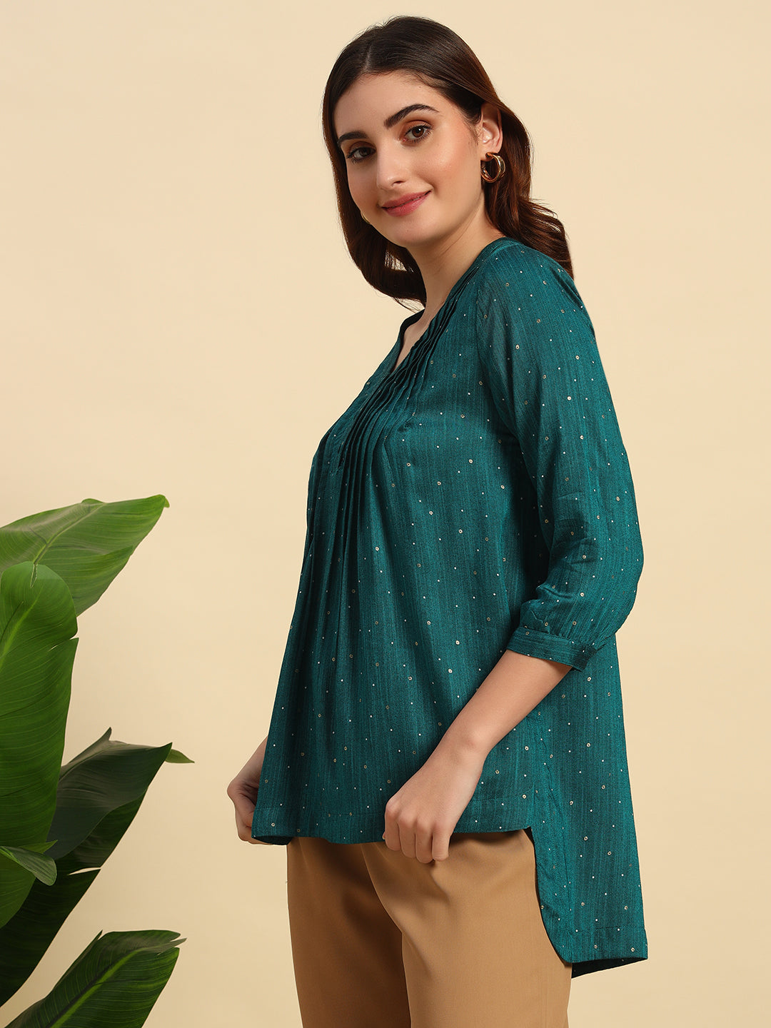 Emerald Dot Print High-Low Kurta with Pin tuck Details-SK053