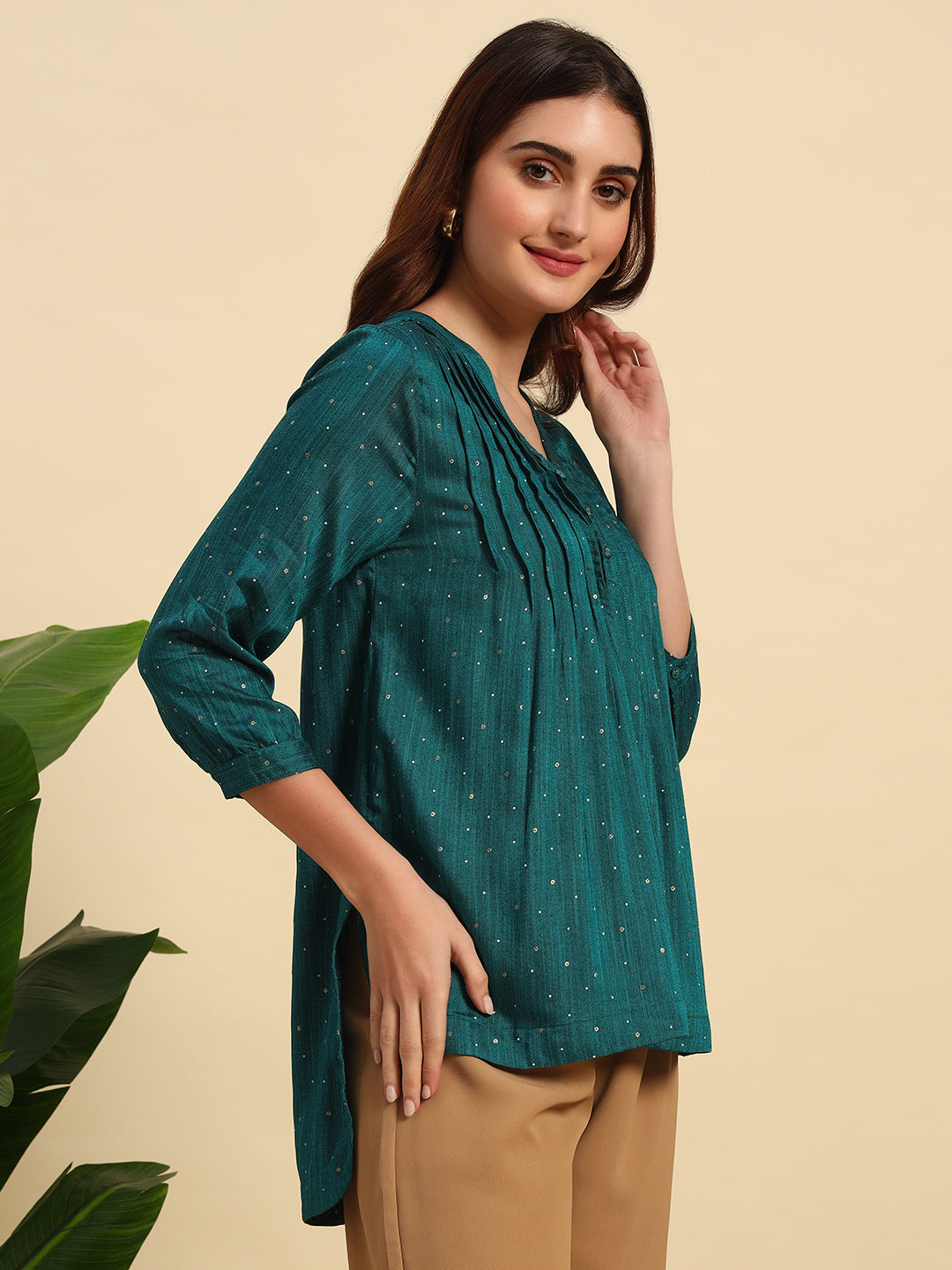 Emerald Dot Print High-Low Kurta with Pin tuck Details-SK053