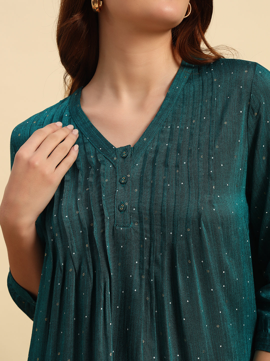 Emerald Dot Print High-Low Kurta with Pin tuck Details-SK053