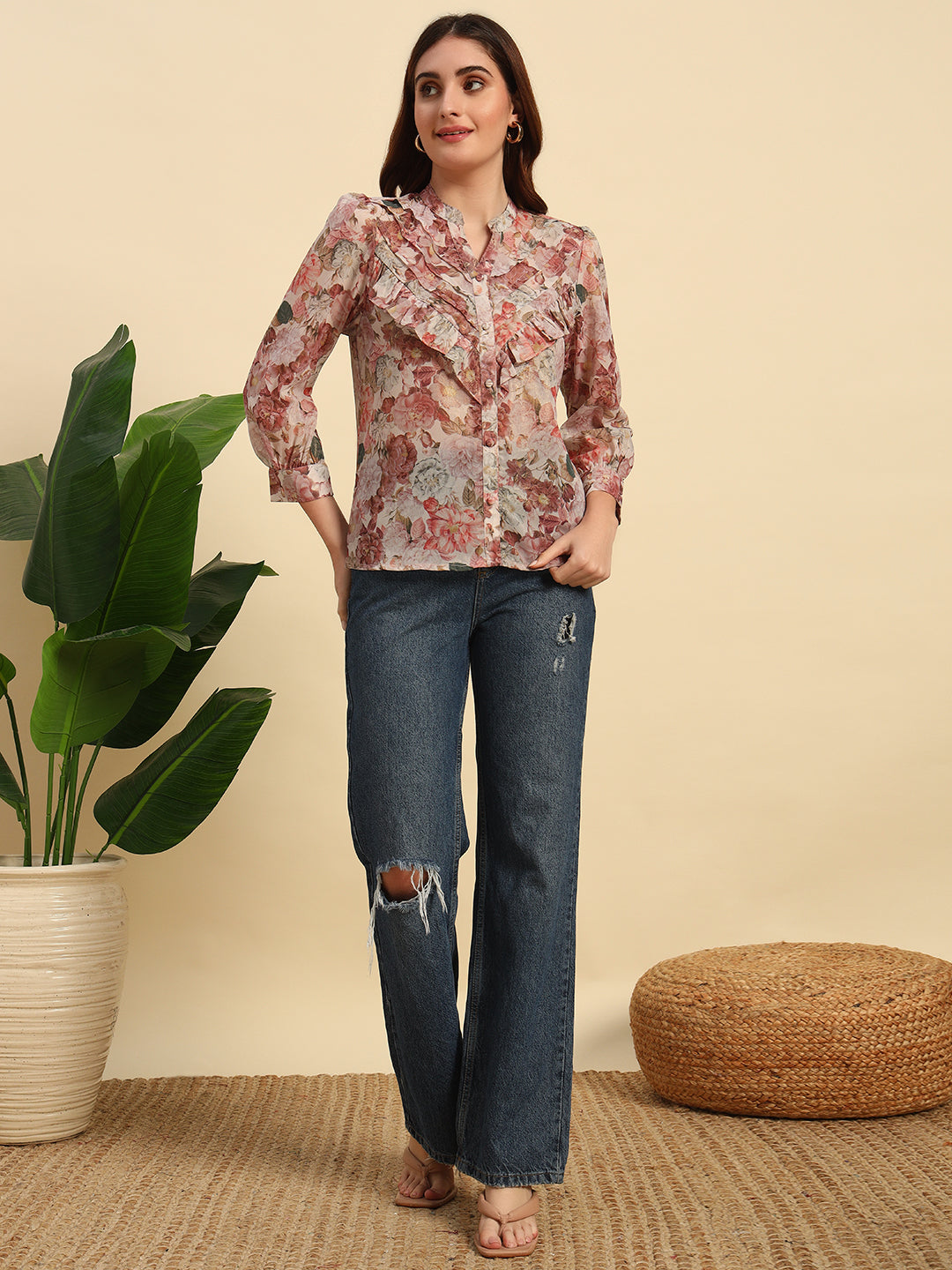 Shimmer Printed Chiffon Frill Top-TP055