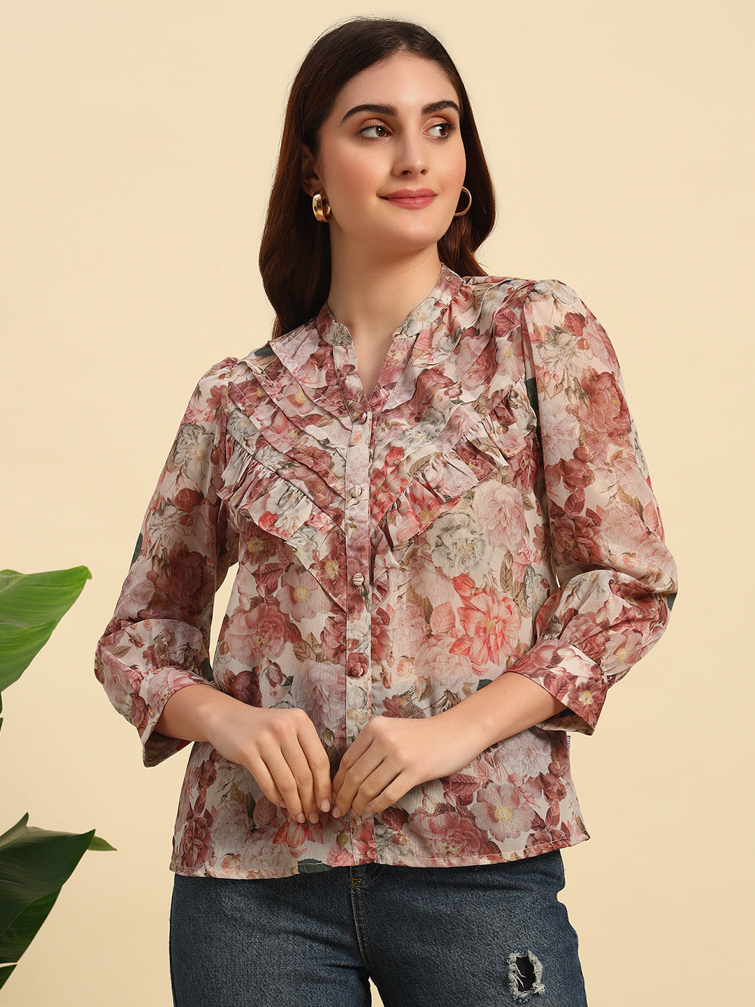Shimmer Printed Chiffon Frill Top-TP055