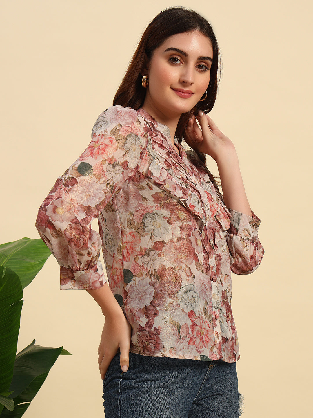 Shimmer Printed Chiffon Frill Top-TP055