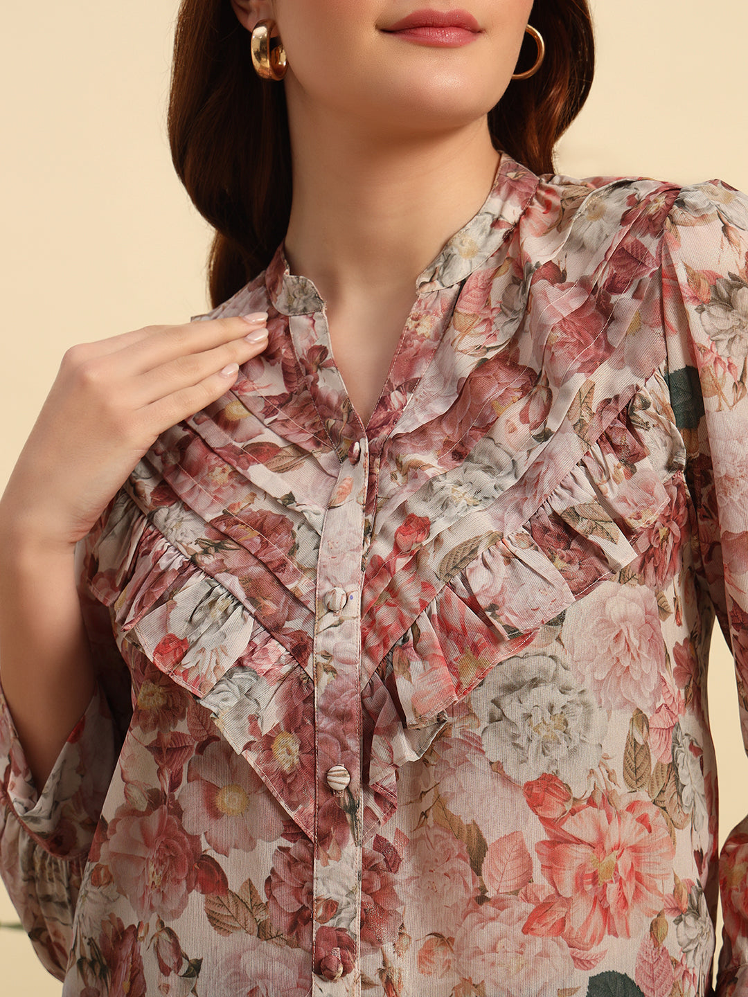 Shimmer Printed Chiffon Frill Top-TP055