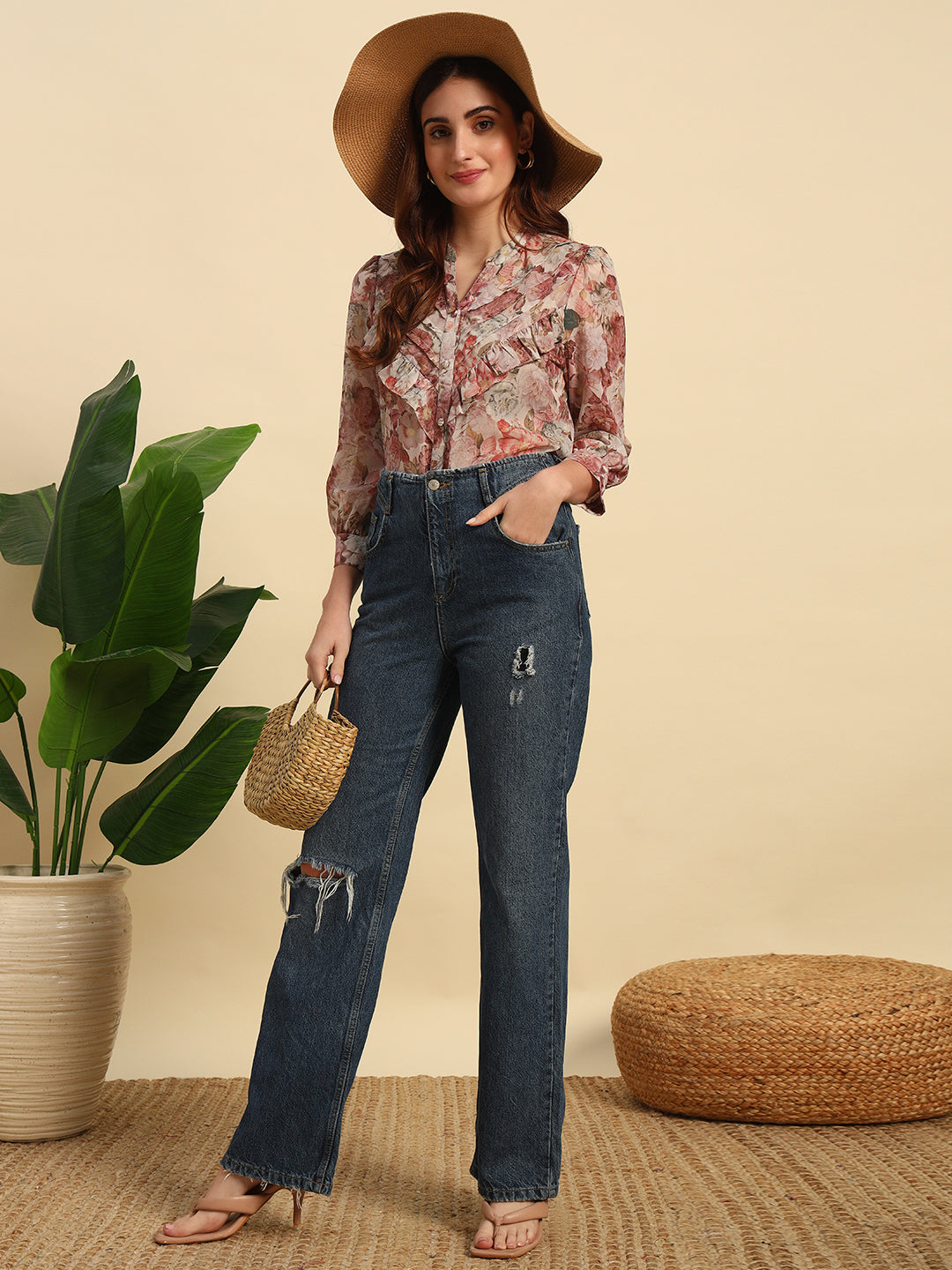 Shimmer Printed Chiffon Frill Top-TP055