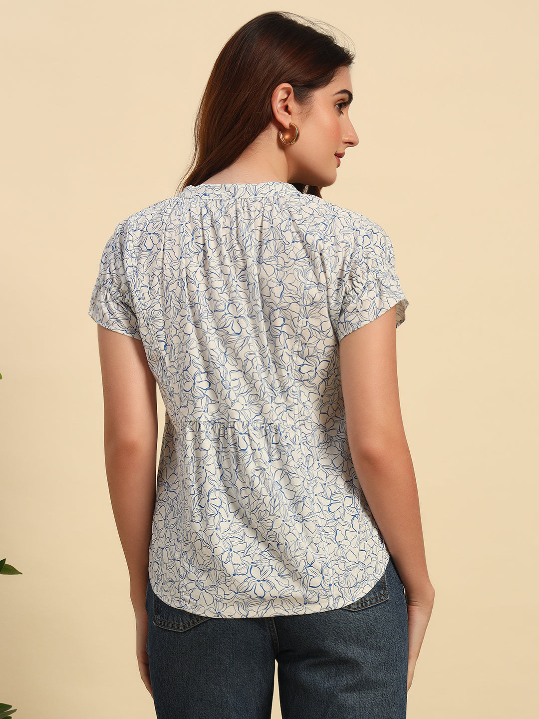 Floral Printed Poplin Top with Gathered Details-TP026