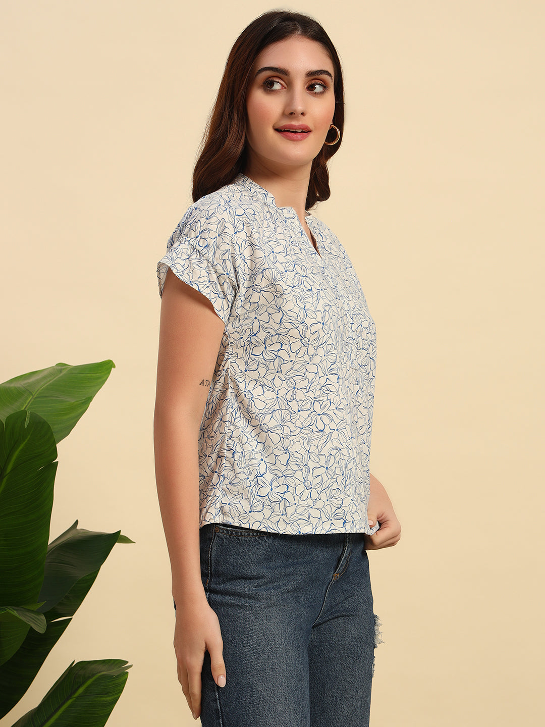 Floral Printed Poplin Top with Gathered Details-TP026