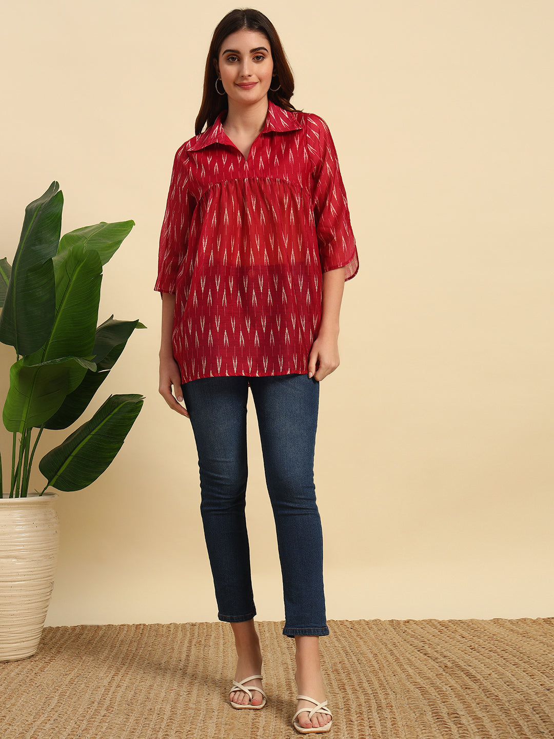 Chanderi Ikkat Print Gathered Top-SK049