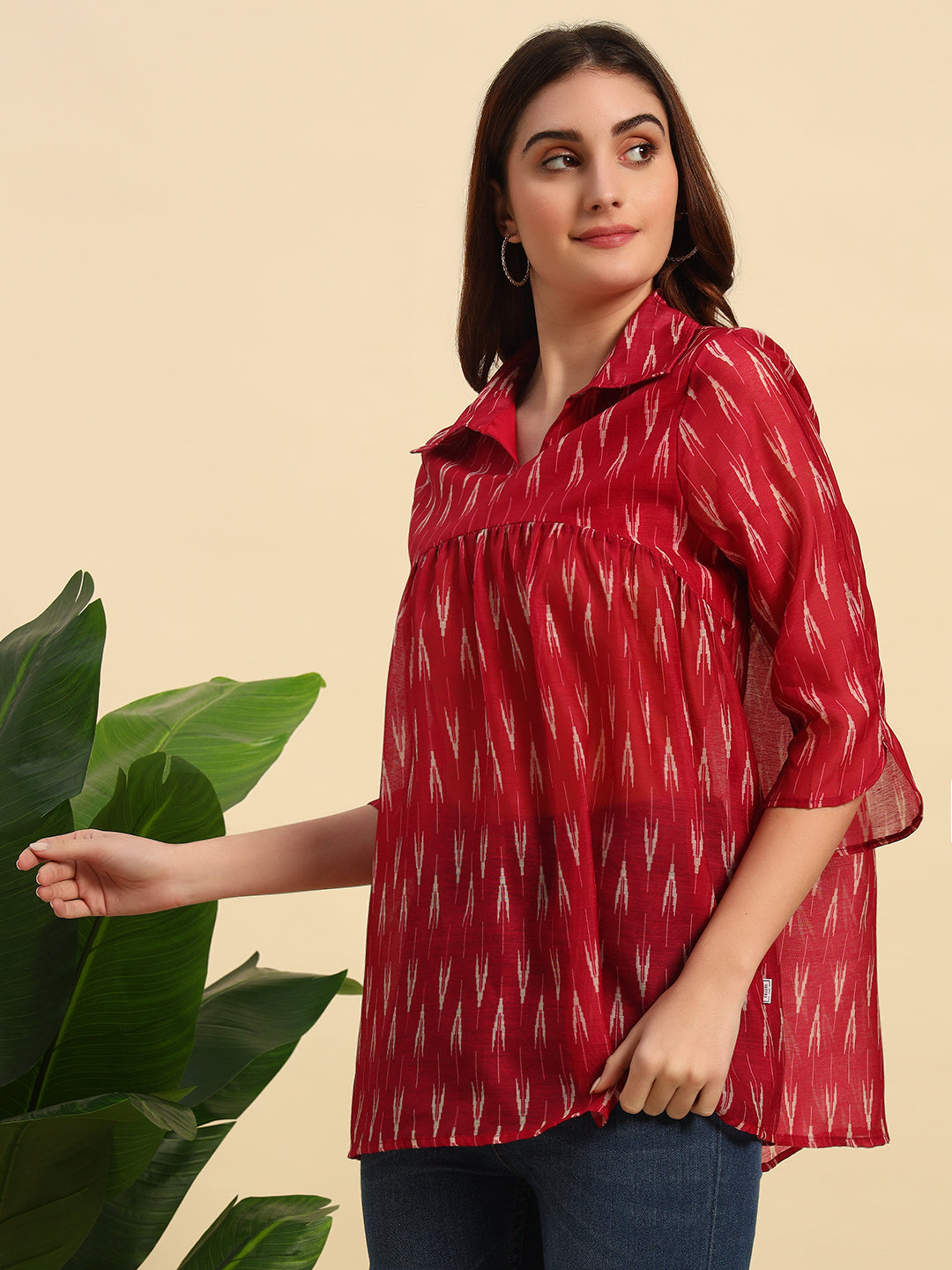 Chanderi Ikkat Print Gathered Top-SK049